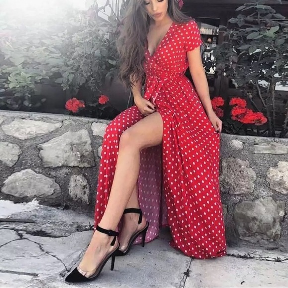 NWT Polka Dot Bohemian Summer Maxi Split Dress - Picture 4 of 11